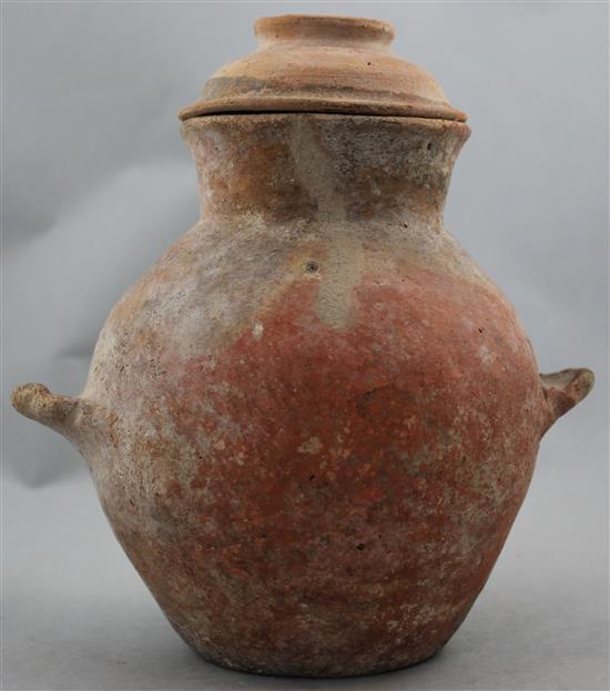 A Greek Cypriot redware vase and a Greek terracotta ring bowl, c.3rd century BC, 10cm